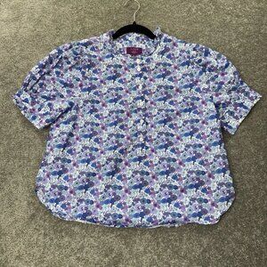 J.Crew Liberty Fabric Floral Puff Sleeve Blouse Womens Size L Blue Purple Ruffle